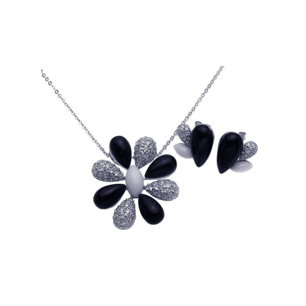 Silver 925 Rhodium Plated Black Onyx White Enamel Clear Flower CZ Stud Earring and Necklace Set