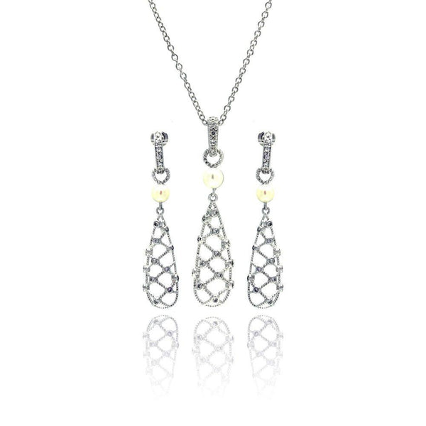 Silver 925 Rhodium Plated Fishnet Drop Pearl Clear CZ Dangling Stud Earring and Dangling Necklace Set