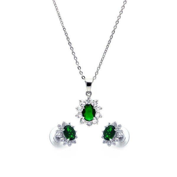 Silver 925 Rhodium Plated Green and Clear Cluster Flower CZ Stud Earring and Dangling Necklace Set