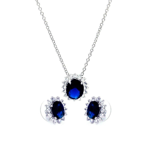 Silver 925 Rhodium Plated Blue and Clear Cluster Oval CZ Stud Earring and Necklace Set