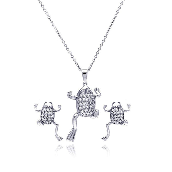 Silver 925 Rhodium Plated Clear Climbing Frog CZ Stud Earring and Necklace Set