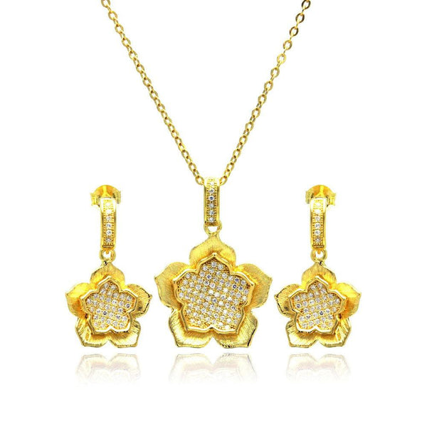 Silver 925 Gold Plated Clear Flower CZ Hanging Stud Earring and Necklace Set