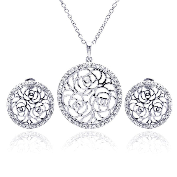 Silver 925 Rhodium Plated Flower Rose Outline Circle Clear CZ Stud Earring and Necklace Set