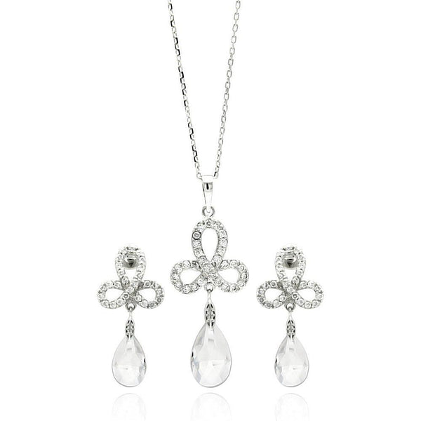 Silver 925 Rhodium Plated Clear Ribbon CZ Hanging Stud Earring and Necklace Set