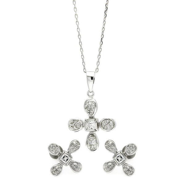 Silver 925 Rhodium Plated Clear Flower CZ Stud Earring and Necklace Set