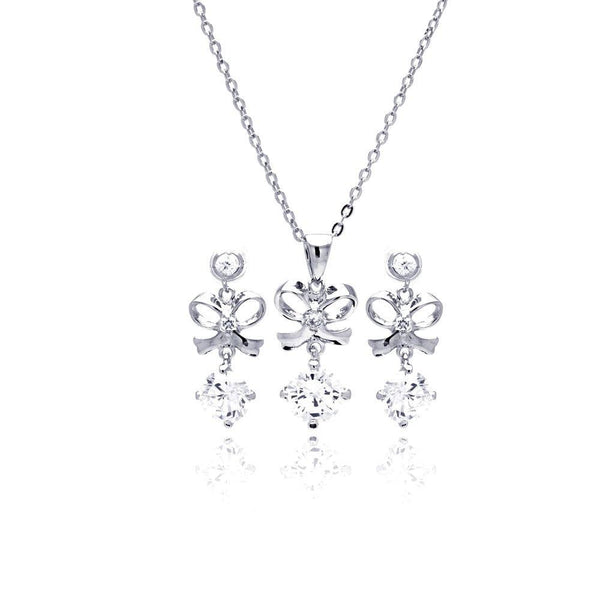 Silver 925 Rhodium Plated Clear Blow CZ Hanging Stud Earring and Necklace Set