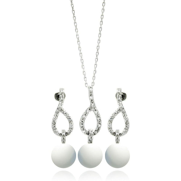 Silver 925 Rhodium Plated Pearl Clear Open Teardrop CZ Dangling Stud Earring and Dangling Necklace Set