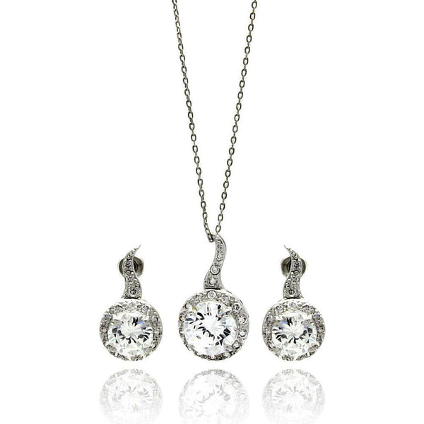 Silver 925 Rhodium Plated Clear Round CZ Hanging Stud Earring and Hanging Necklace Set