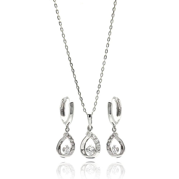 Silver 925 Rhodium Plated Open Teardrop Clear CZ Leverback Earring and Necklace Set