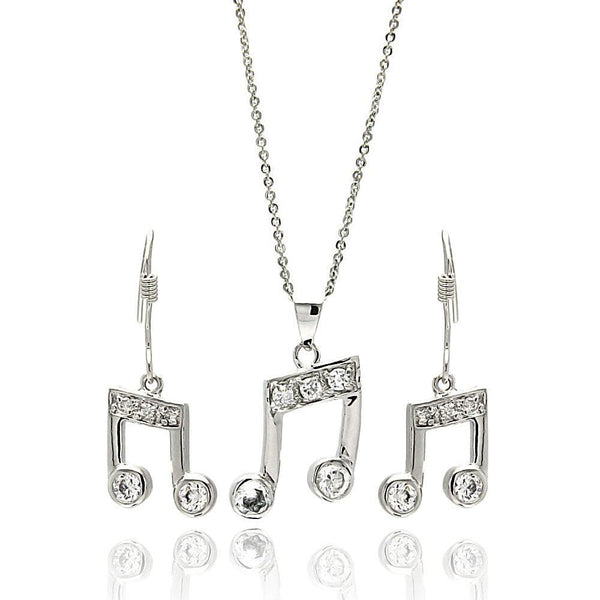 Silver 925 Rhodium Plated Musical Note Clear CZ Hook Earring and Dangling Necklace Set