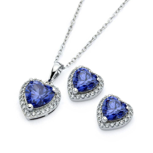 Silver 925 Rhodium Plated Clear Cluster Blue Heart CZ Stud Earring and Necklace Set
