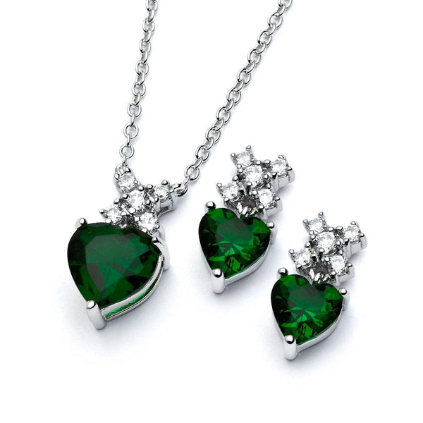 Silver 925 Rhodium Plated Clear Round Green Heart CZ Stud Earring and Necklace Set