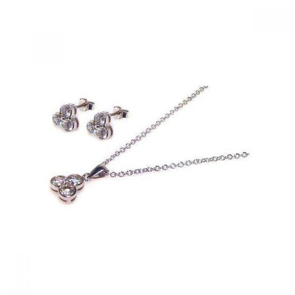 Silver 925 Rhodium Plated Flower Round CZ Stud Earring and Dangling Necklace Set
