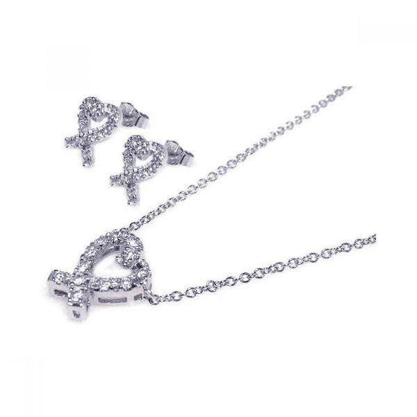 Silver 925 Rhodium Plated Ribbon Open Heart CZ Stud Earring and Necklace Set