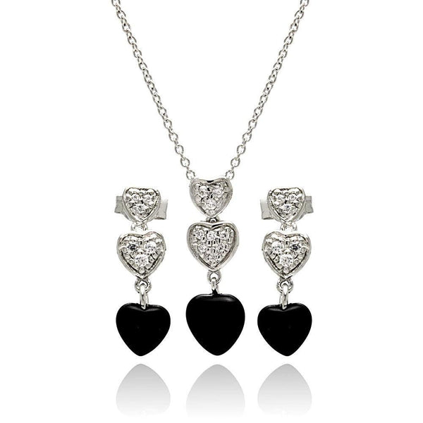 Silver 925 Rhodium Plated Dangling Heart CZ Black Onyx Stud Earring and Necklace Set