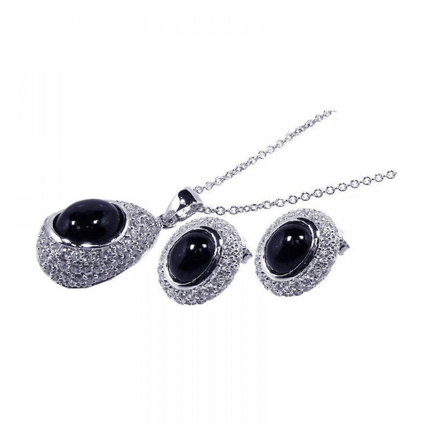 Silver 925 Rhodium Plated Round CZ Black Circle Onyx Stud Earring and Necklace Set