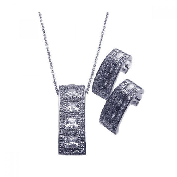 Silver 925 Rhodium Plated Crescent CZ Earring and Necklace Set
