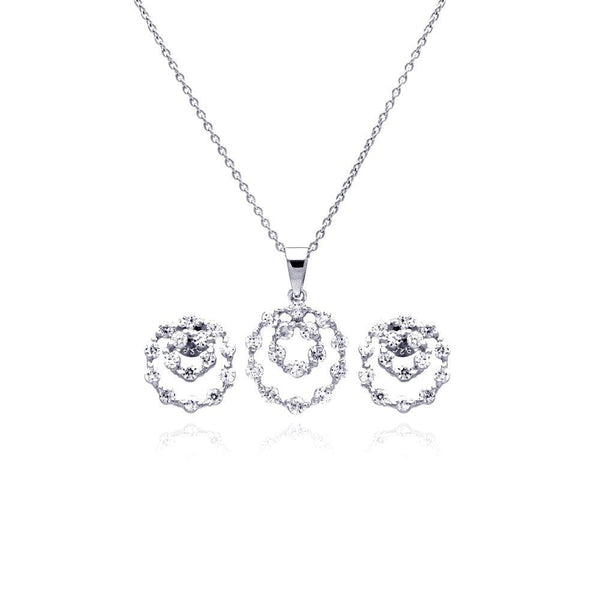 Silver 925 Rhodium Plated Graduated Open Circle CZ Stud Earring and Necklace Set