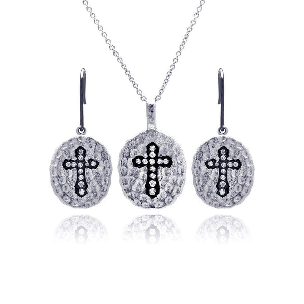 Silver Black and Rhodium Plated Round Black Cross CZ Inlay Dangling Hook Earring and Necklace Set