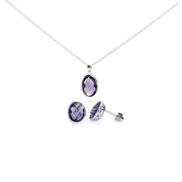 Silver 925 Rhodium Plated Oval Purple CZ Post Earring and Necklace Set