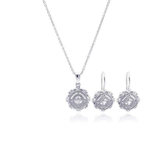 Silver 925 Rhodium Plated Antique Style Princess Cut CZ Hook Earring and Necklace Set