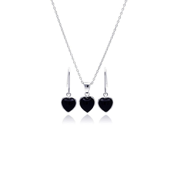 Silver 925 Rhodium Plated Black Onyx Heart CZ Dangling Hook Earring and Necklace Set