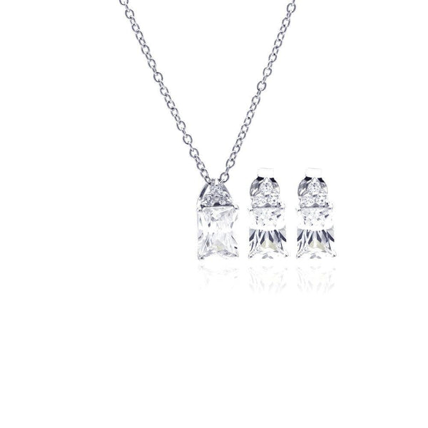 Silver 925 Rhodium Plated Princess Cut CZ Stud Earring and Necklace Set