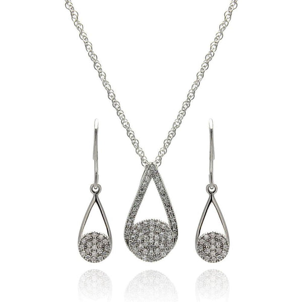 Silver 925 Rhodium Plated Open Teardrop CZ Dangling Hook Earring and Necklace Set