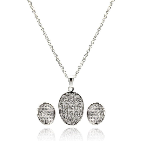 Silver 925 Rhodium Plated Oval CZ Stud Earring and Necklace Set