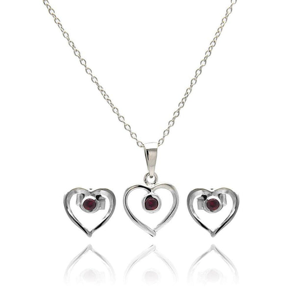 Silver 925 Rhodium Plated Open Heart Round Red CZ Stud Earring and Necklace Set