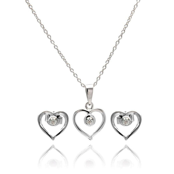 Silver 925 Rhodium Plated Open Heart Round CZ Stud Earring and Necklace Set