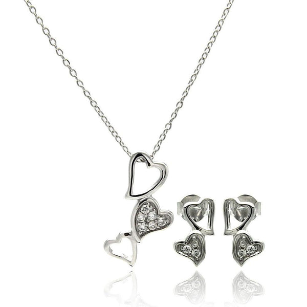 Silver 925 Rhodium Plated Multiple Open Heart CZ Dangling Stud Earring and Necklace Set