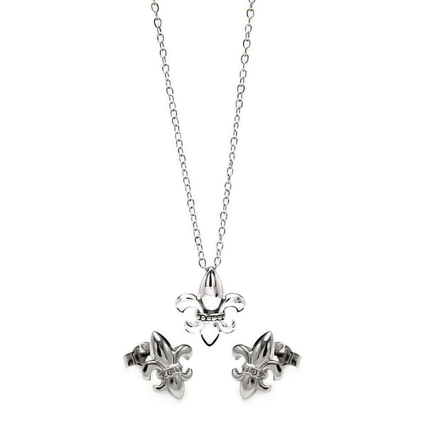 Silver 925 Rhodium Plated Fleur De Lis CZ Stud Earring and Necklace Set