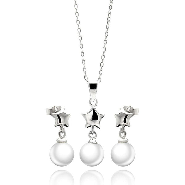 Silver 925 Rhodium Plated Star White Enamel Pearl Dangling Stud Earring and Necklace Set