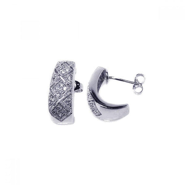Silver 925 Rhodium Plated Crescent Micro Pave Clear CZ Stud Post Earrings