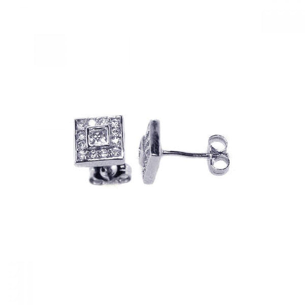 Silver 925 Rhodium Plated Micro Pave Clear Square CZ Stud Post Earrings