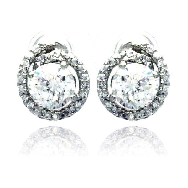 Silver 925 Rhodium Plated Round Center CZ Stud Earrings