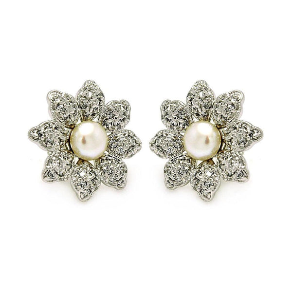 Silver 925 Rhodium Plated Flower CZ Inlay Center Pearl Stud Earrings
