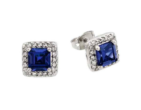 Silver 925 Rhodium Plated Blue Square CZ Stud Earrings