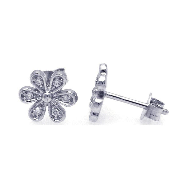 Silver 925 Rhodium Plated Round Flower Clear CZ Post Earrings