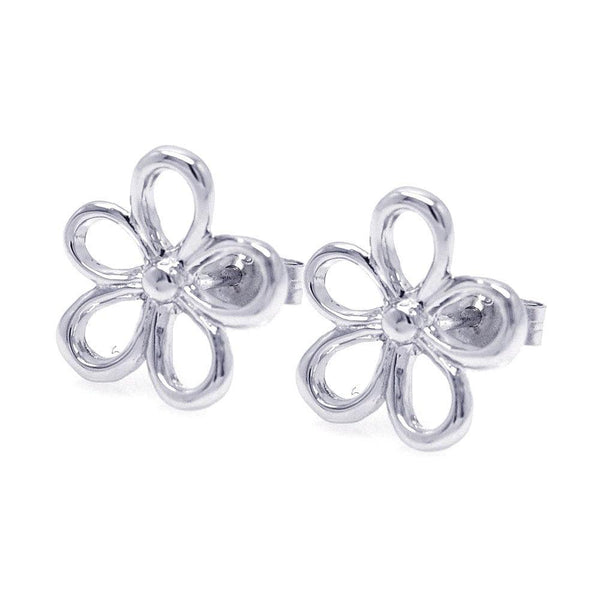 Silver 925 Rhodium Plated Open Flower One Clear CZ Stud Earrings