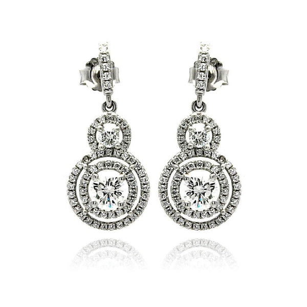 Silver 925 Rhodium Plated Micro Pave Clear Graduated Circle CZ Dangling Stud Earrings