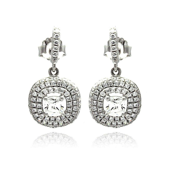 Silver 925 Rhodium Plated Micro Pave Clear CZ Round Dangling Stud Earrings