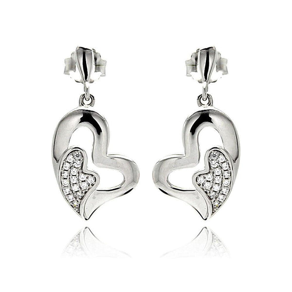 Silver 925 Rhodium Plated Micro Pave Clear Heart Inlay CZ Dangling Earrings