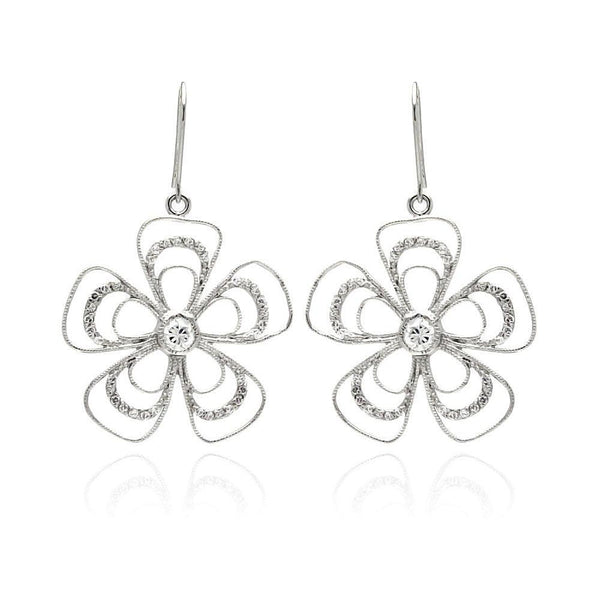 Silver 925 Rhodium Plated Open Flower CZ Dangling Hook Earrings