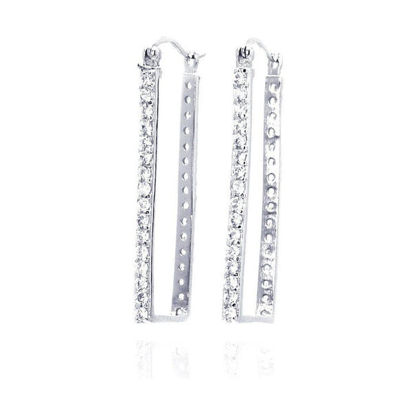 Silver 925 Rhodium Plated CZ Rectangular Hoop Earrings