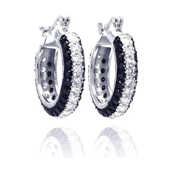 Silver 925 Rhodium Plated Round Silver and Black CZ Hoop Earrings