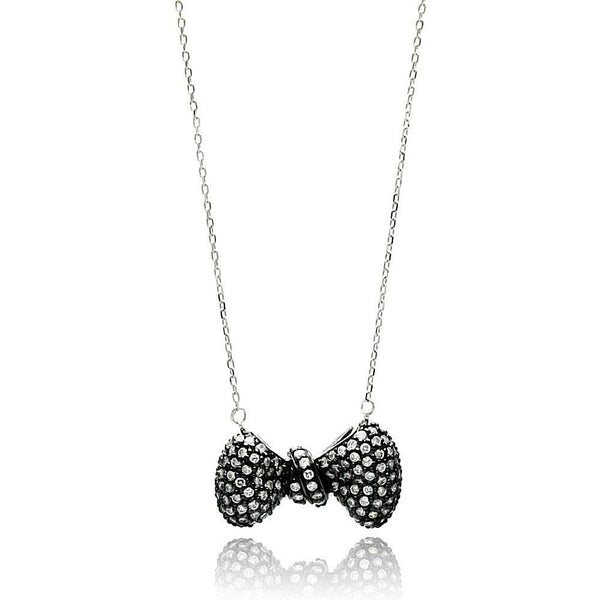 Silver 925 Black Rhodium Plated Bow Clear CZ Inlay Necklace