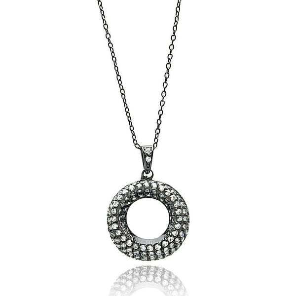 Silver 925 Black Rhodium Plated Open Circle Clear CZ Necklace