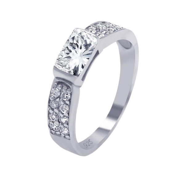 Silver 925 Rhodium Plated Clear Rectangular Center Pave CZ Ring